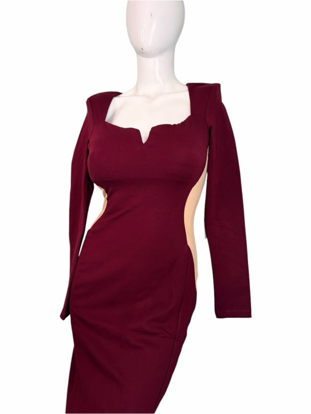 TA3 Notchy Long Sleeve Midi Dress Bodycon Cutout illusions Deep Wine red NWT L - Picture 14 of 16